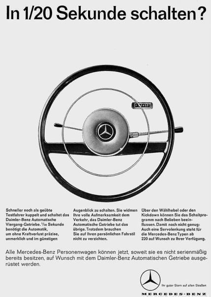 Schnell und kraftvoll: Werbeanzeige für das erste Automatikgetriebe von Mercedes-Benz, das im Jahr 1961 Premiere hat.